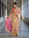 Banarasee Handloom Tissue Saree With Thread Embroidery & Contrast Pallu-Gold & Pink
