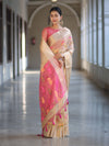 Banarasee Handloom Tissue Saree With Thread Embroidery & Contrast Pallu-Gold & Pink