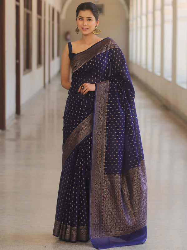 Banarasee Semi-Chiffon Saree With Antique Gold Zari Work-Blue