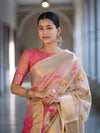 Banarasee Handloom Tissue Saree With Thread Embroidery & Contrast Pallu-Gold & Pink