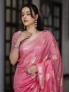 Banarasee Handloom Dupion Silk Saree With Zari Floral Buta Design & Border-Peachy Pink
