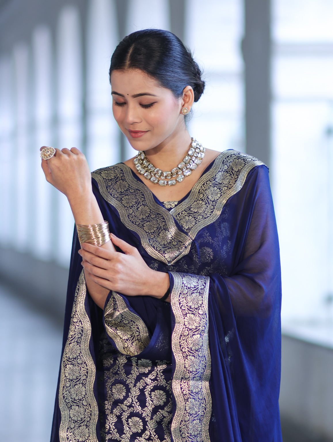 Banarasee Satin Silk Zari Work Salwar Kameez Fabric With Chiffon Dupatta Set-Navy Blue