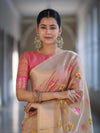 Banarasee Handloom Tissue Saree With Thread Embroidery & Contrast Pallu-Gold & Pink