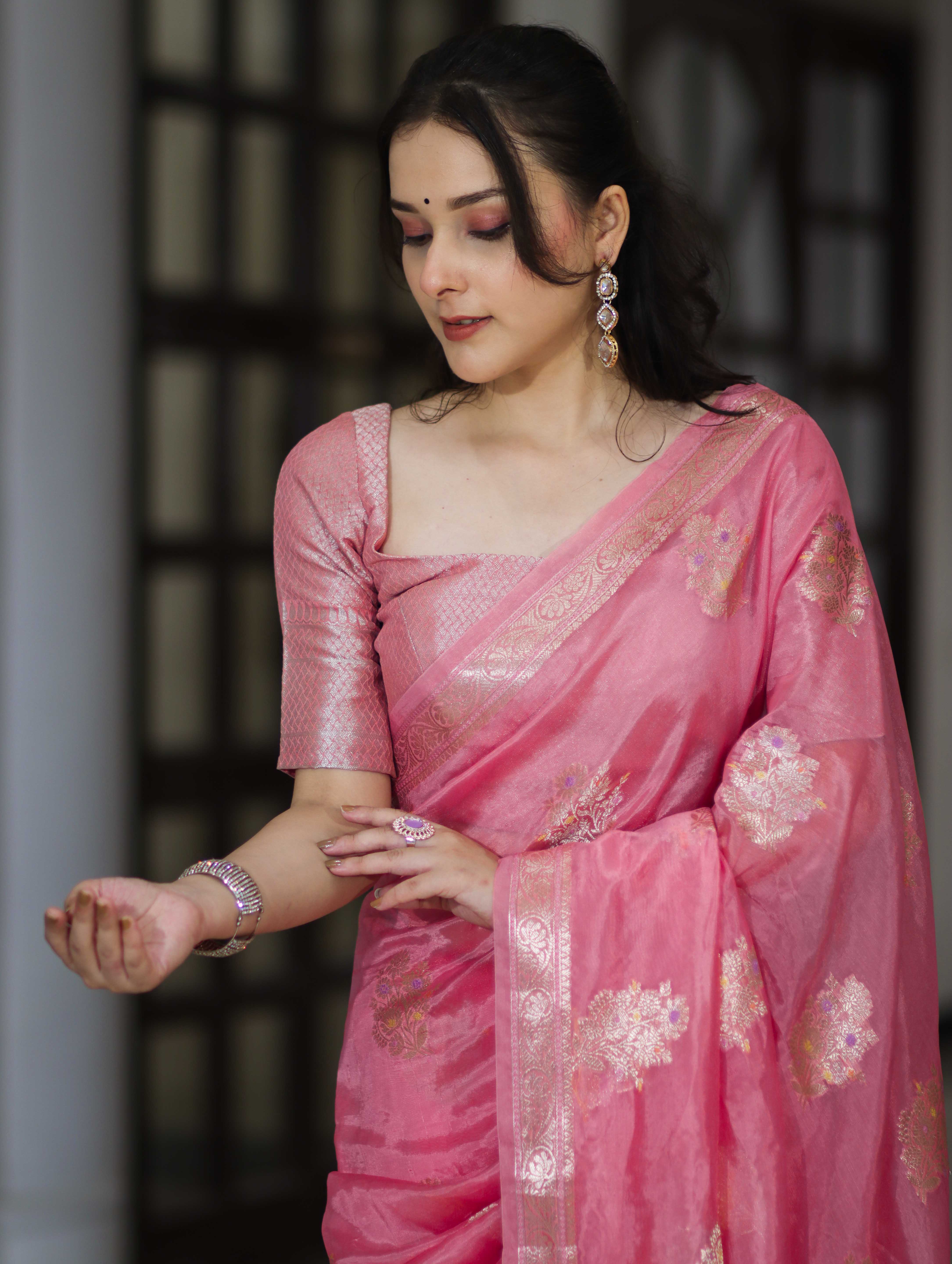 Banarasee Handloom Dupion Silk Saree With Zari Floral Buta Design & Border-Peachy Pink