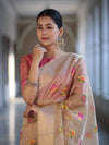 Banarasee Handloom Tissue Saree With Thread Embroidery & Contrast Pallu-Gold & Pink