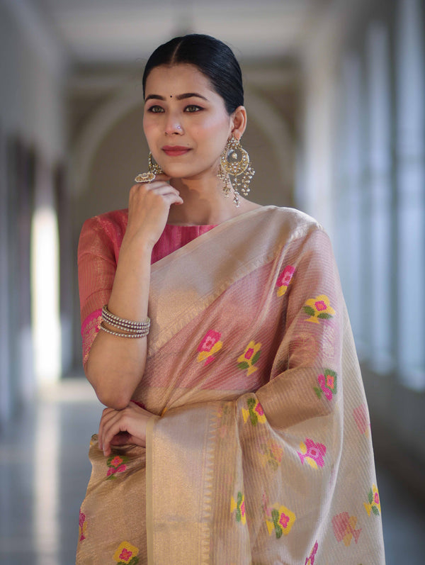 Banarasee Handloom Tissue Saree With Thread Embroidery & Contrast Pallu-Gold & Pink