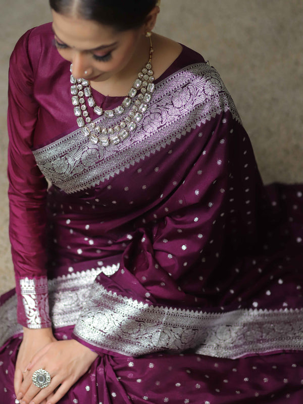 Banarasee Handwoven Faux Georgette Saree With Silver Zari Buti Design-Violet