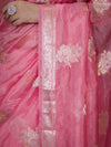 Banarasee Handloom Dupion Silk Saree With Zari Floral Buta Design & Border-Peachy Pink