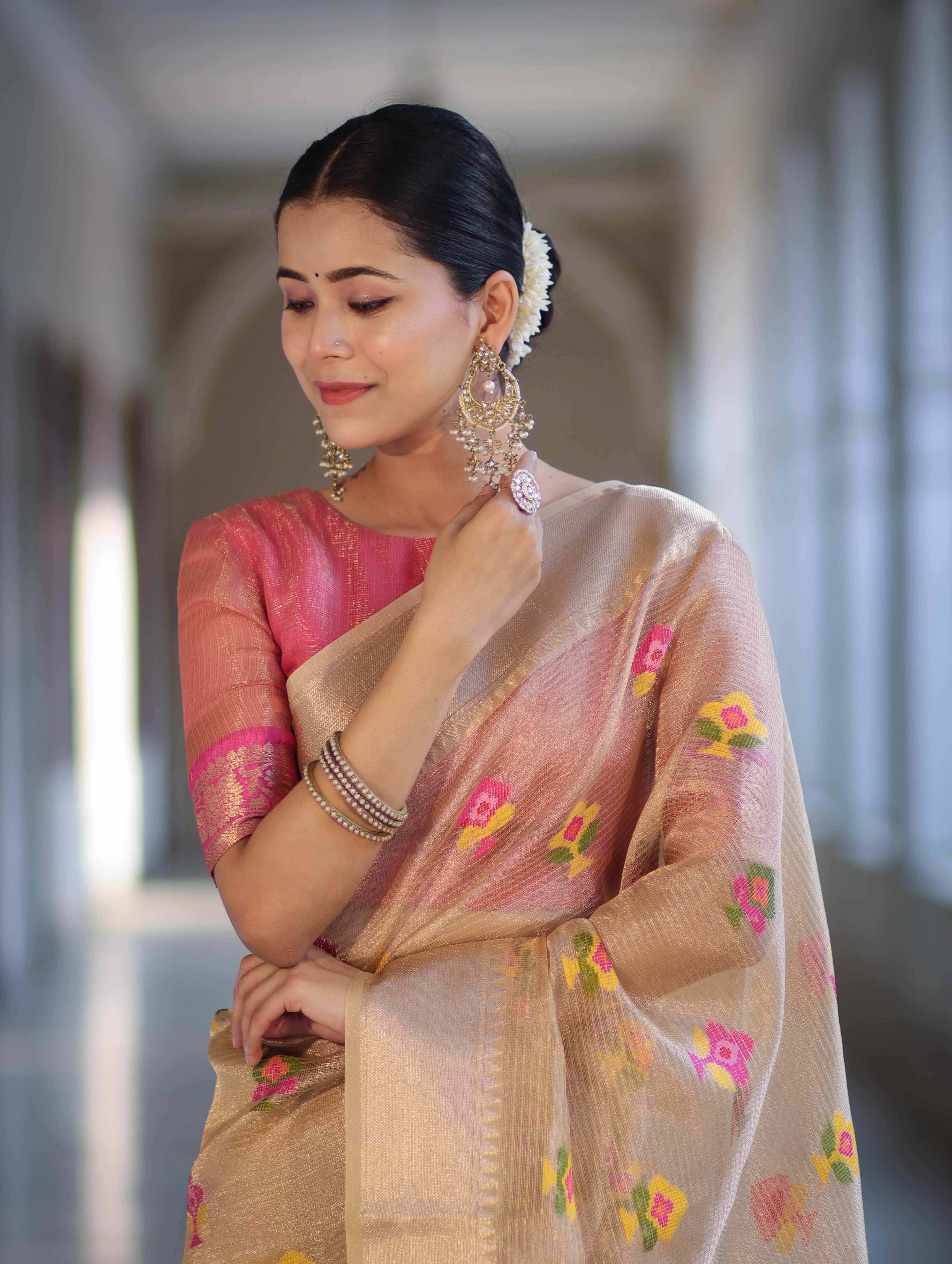 Banarasee Handloom Tissue Saree With Thread Embroidery & Contrast Pallu-Gold & Pink