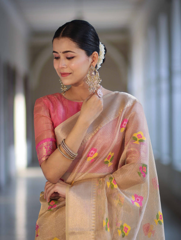 Banarasee Handloom Tissue Saree With Thread Embroidery & Contrast Pallu-Gold & Pink