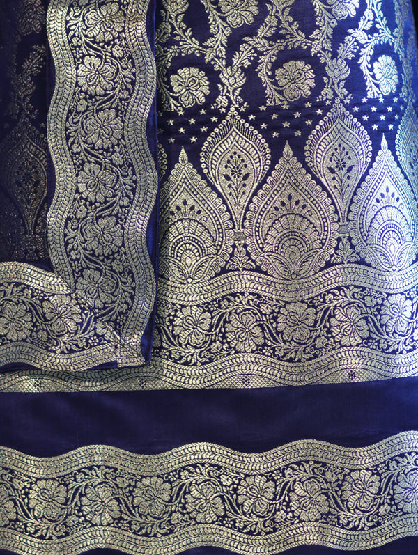 Banarasee Satin Silk Zari Work Salwar Kameez Fabric With Chiffon Dupatta Set-Navy Blue