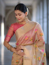 Banarasee Handloom Tissue Saree With Thread Embroidery & Contrast Pallu-Gold & Pink