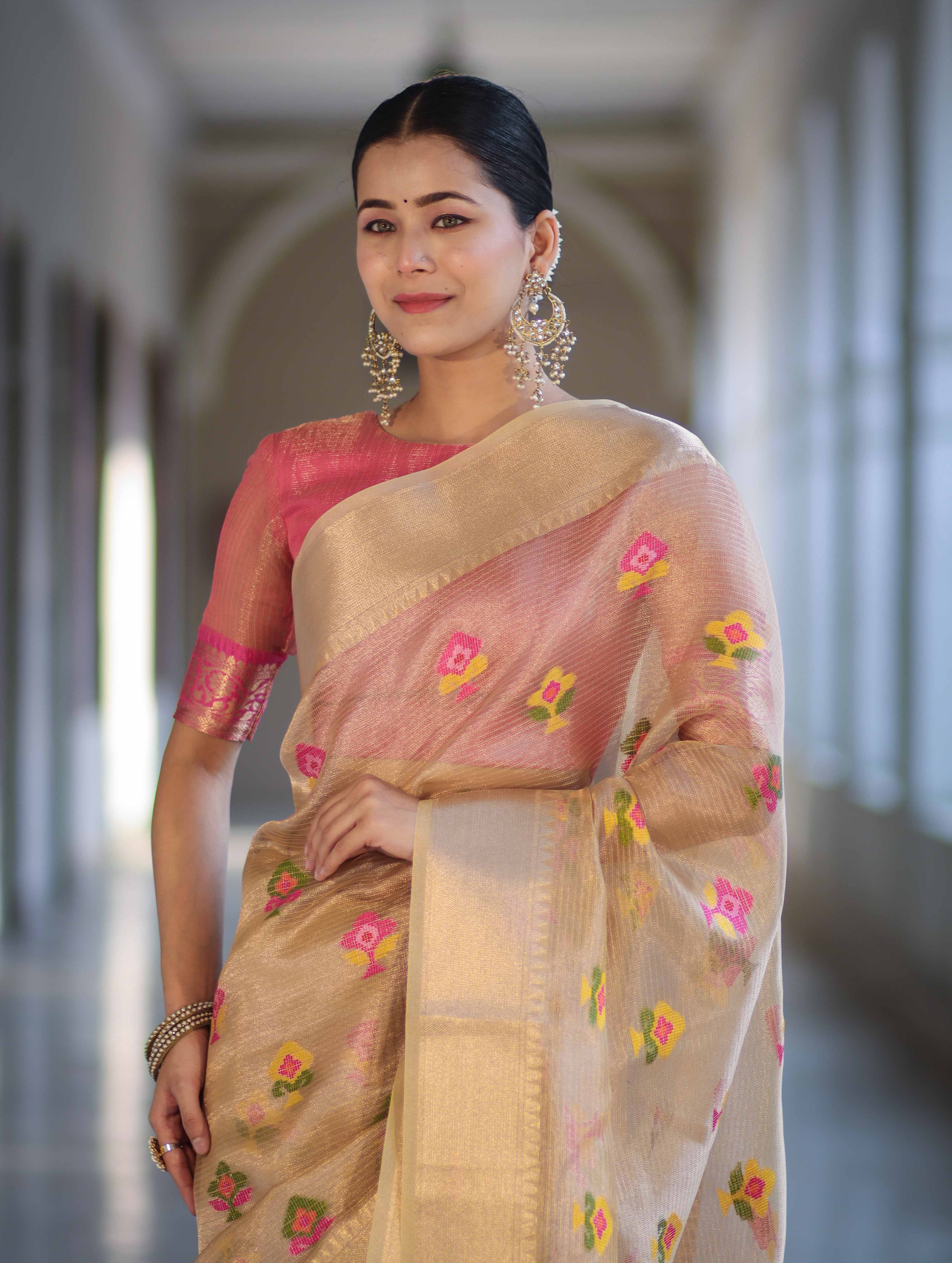 Banarasee Handloom Tissue Saree With Thread Embroidery & Contrast Pallu-Gold & Pink