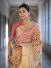 Banarasee Handloom Tissue Saree With Thread Embroidery & Contrast Pallu-Gold & Pink