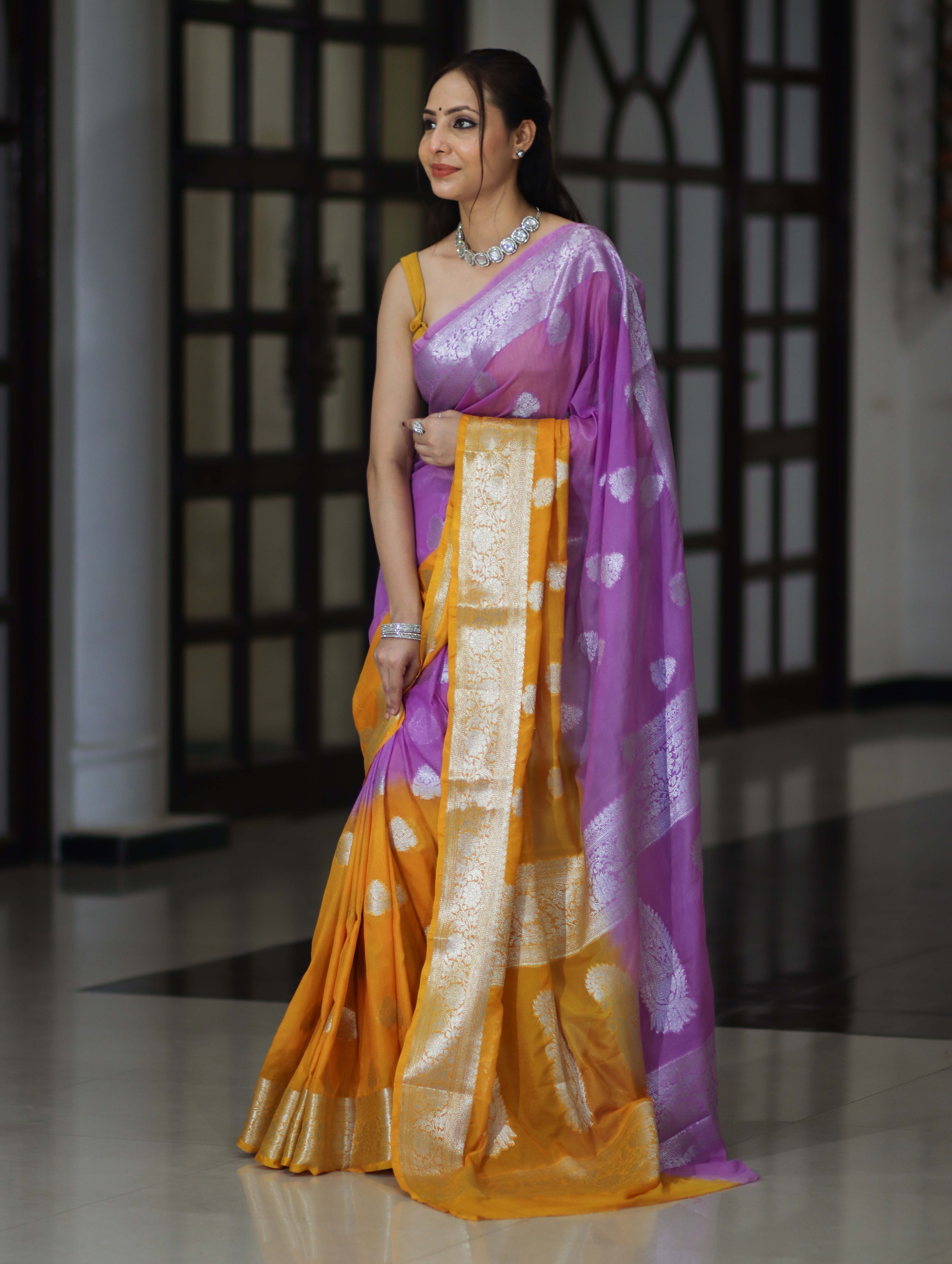 Banarasee Handwoven Dual Color Semi-Chiffon Saree With Zari Work-Lavender & Yellow