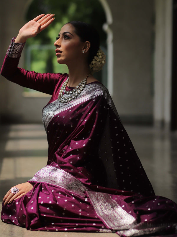 Banarasee Handwoven Faux Georgette Saree With Silver Zari Buti Design-Violet