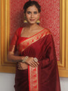 Banarasee Handwoven Semi Silk Plain Saree With Zari Border-Maroon & Red