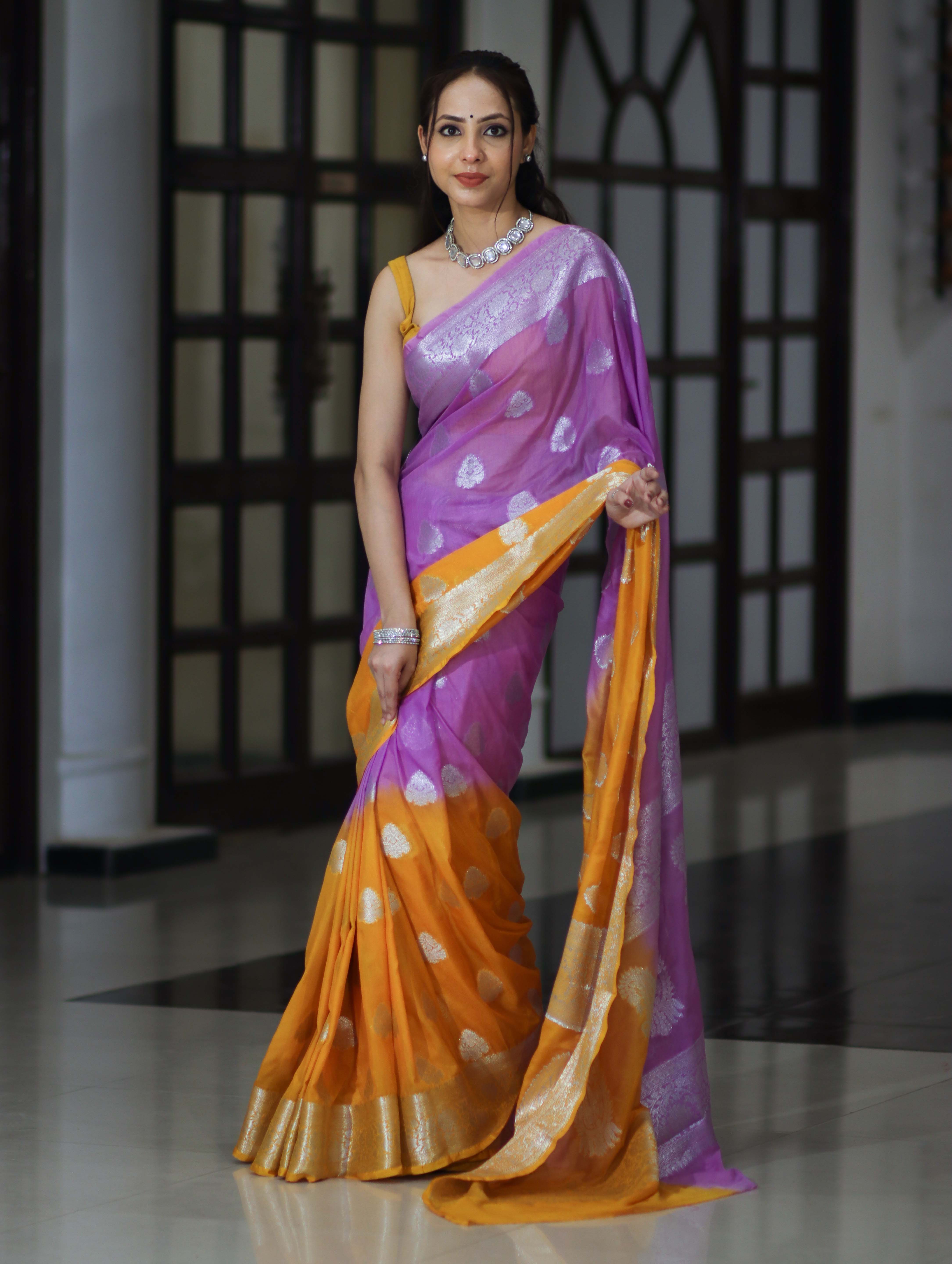 Banarasee Handwoven Dual Color Semi-Chiffon Saree With Zari Work-Lavender & Yellow