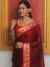 Banarasee Handwoven Semi Silk Plain Saree With Zari Border-Maroon & Red