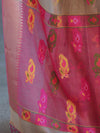 Banarasee Handloom Tissue Saree With Thread Embroidery & Contrast Pallu-Gold & Pink