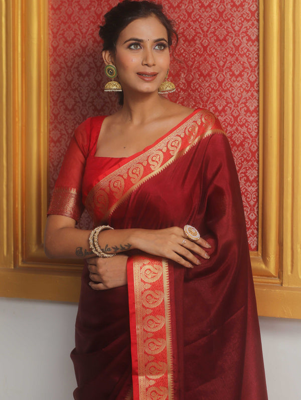 Banarasee Handwoven Semi Silk Plain Saree With Zari Border-Maroon & Red