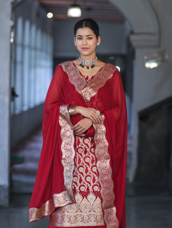 Banarasee Satin Silk Zari Work Salwar Kameez Fabric With Chiffon Dupatta Set-Maroon