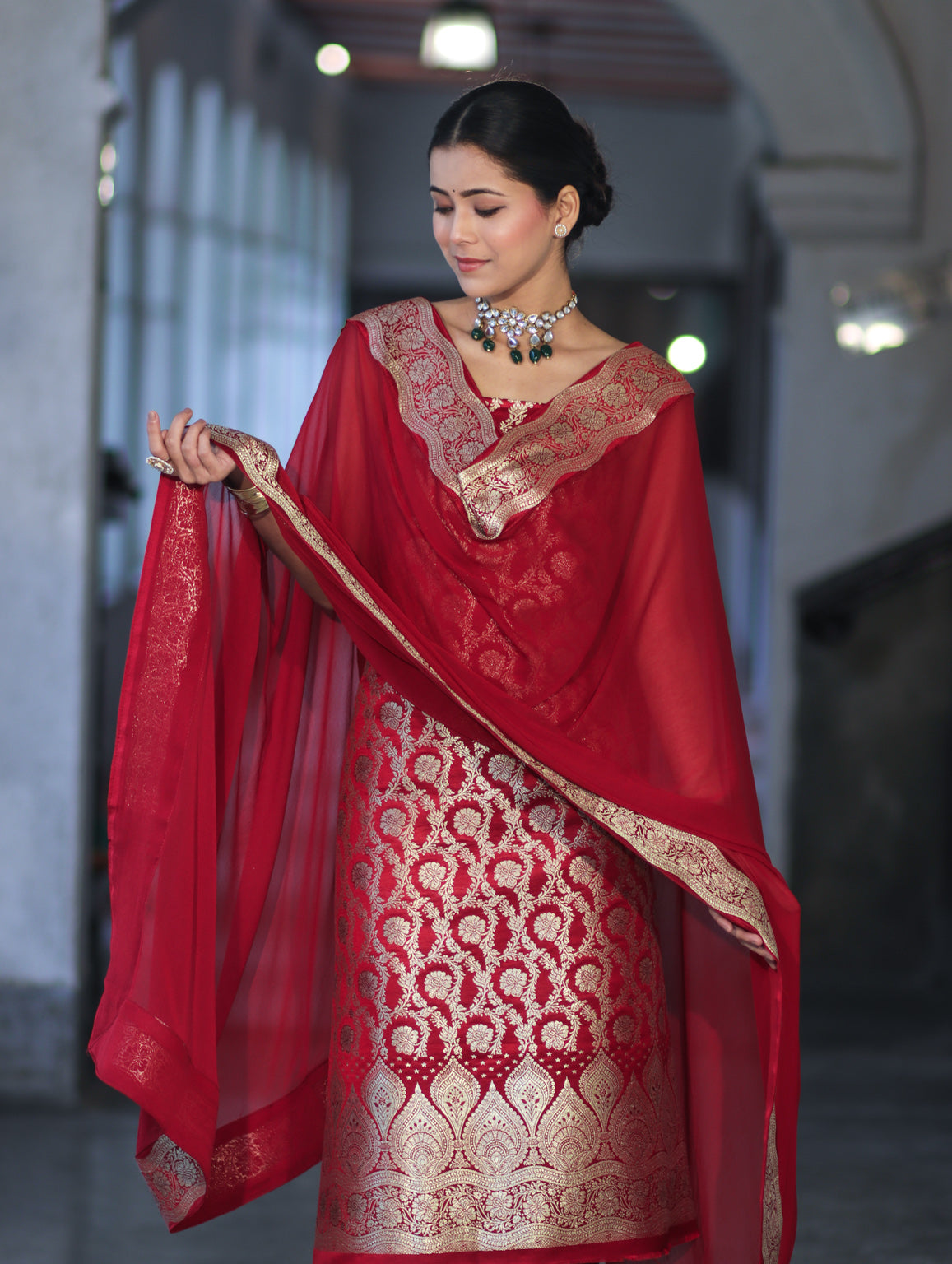 Banarasee Satin Silk Zari Work Salwar Kameez Fabric With Chiffon Dupatta Set-Maroon