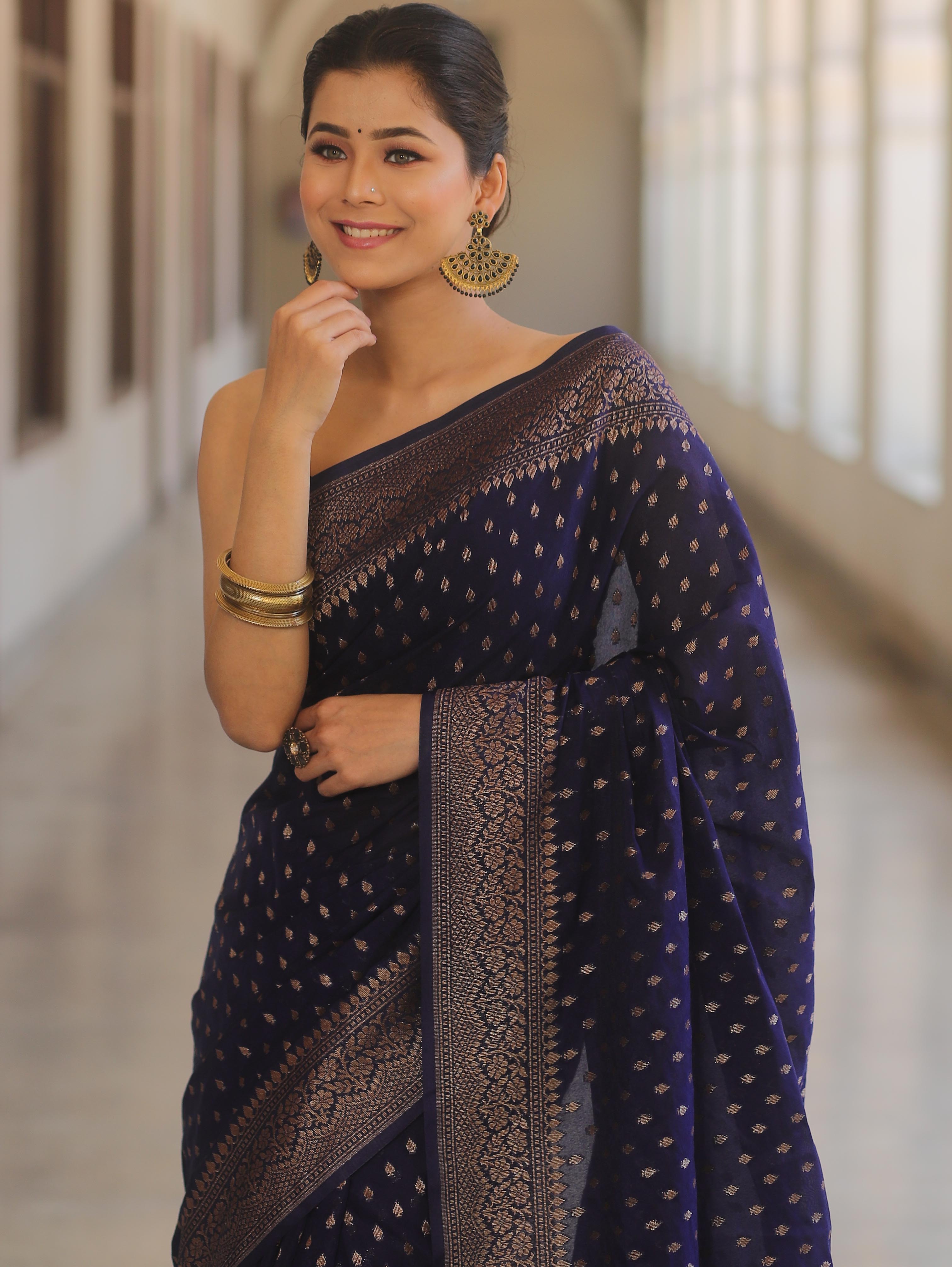 Banarasee Semi-Chiffon Saree With Antique Gold Zari Work-Blue
