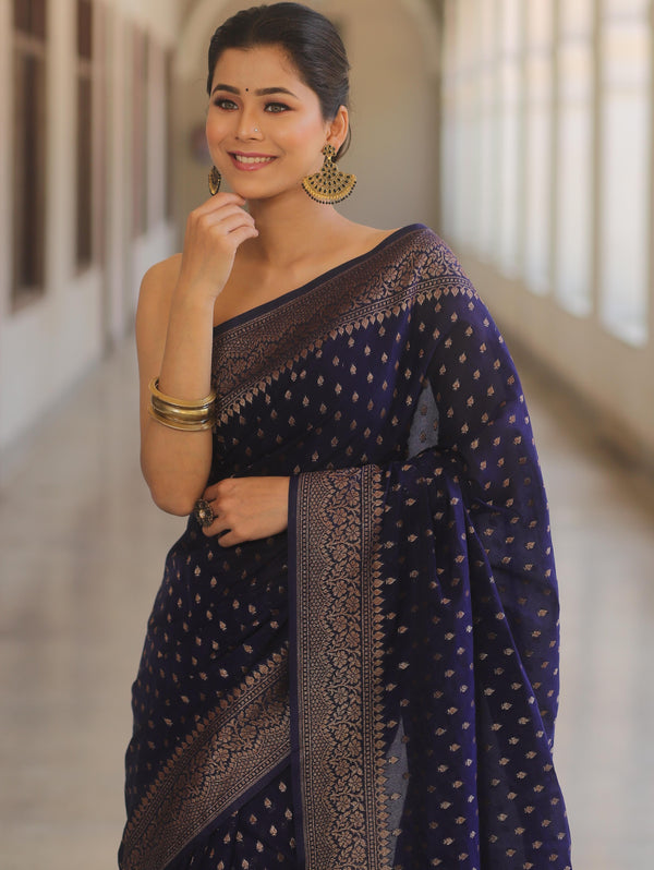 Banarasee Semi-Chiffon Saree With Antique Gold Zari Work-Blue