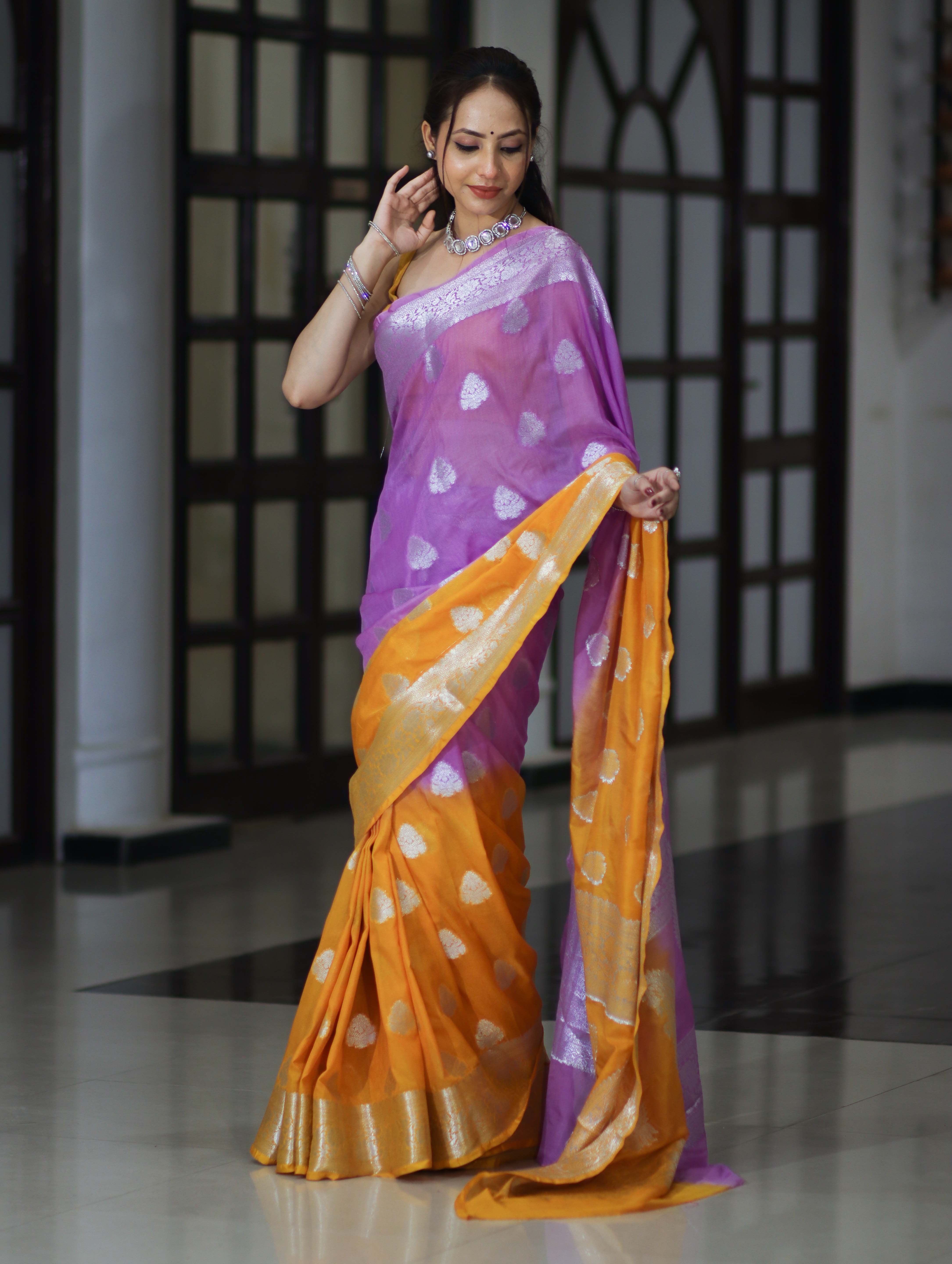 Banarasee Handwoven Dual Color Semi-Chiffon Saree With Zari Work-Lavender & Yellow