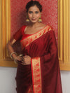 Banarasee Handwoven Semi Silk Plain Saree With Zari Border-Maroon & Red