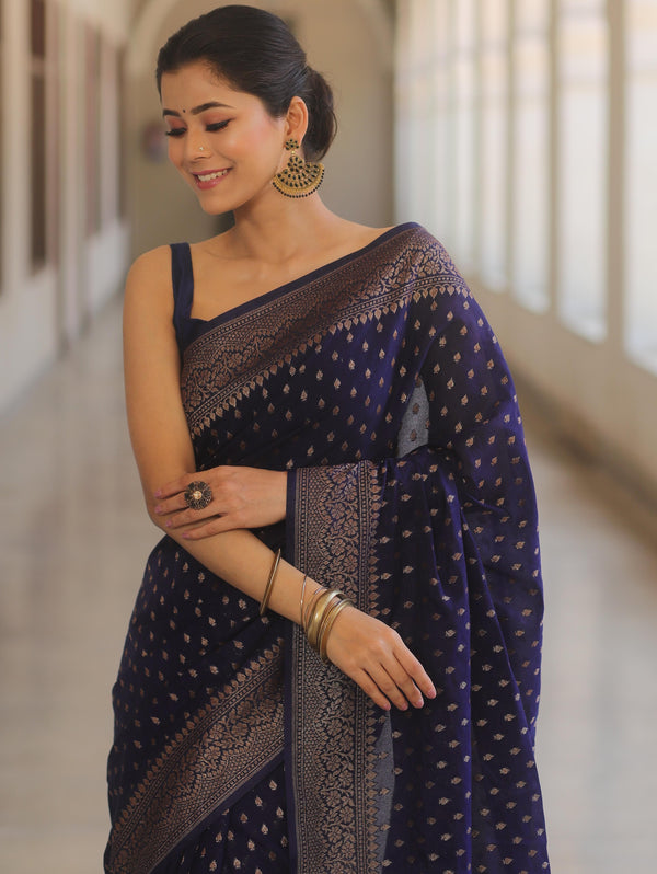Banarasee Semi-Chiffon Saree With Antique Gold Zari Work-Blue