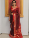 Banarasee Handwoven Semi Silk Plain Saree With Zari Border-Maroon & Red
