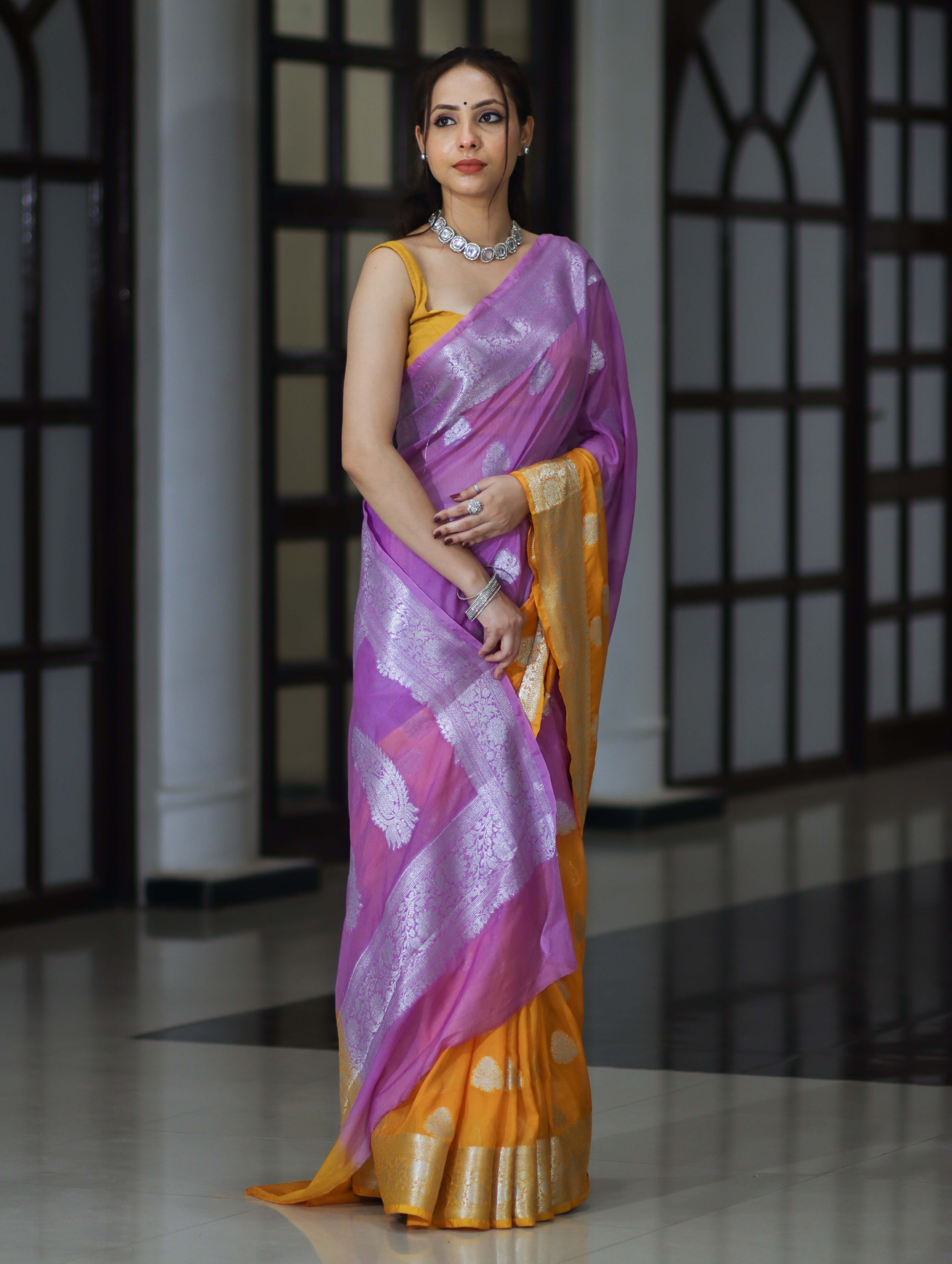 Banarasee Handwoven Dual Color Semi-Chiffon Saree With Zari Work-Lavender & Yellow