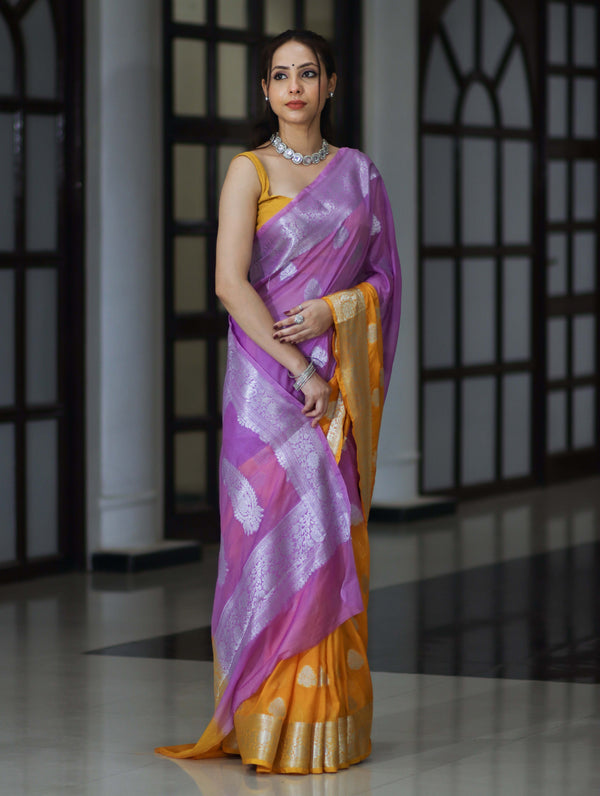 Banarasee Handwoven Dual Color Semi-Chiffon Saree With Zari Work-Lavender & Yellow