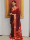 Banarasee Handwoven Semi Silk Plain Saree With Zari Border-Maroon & Red