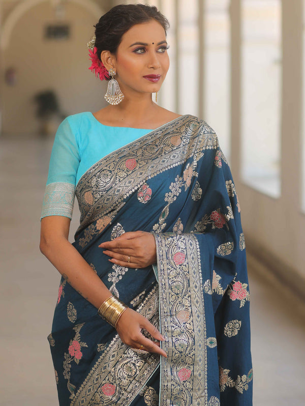 Banarasee Handwoven Semi Silk Saree With Zari Jaal Design-Blue