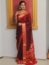 Banarasee Handwoven Semi Silk Plain Saree With Zari Border-Maroon & Red