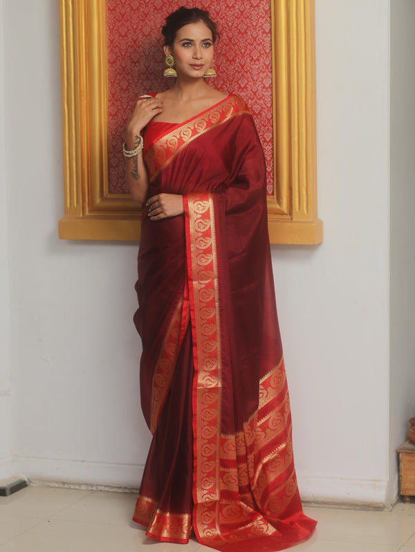 Banarasee Handwoven Semi Silk Plain Saree With Zari Border-Maroon & Red