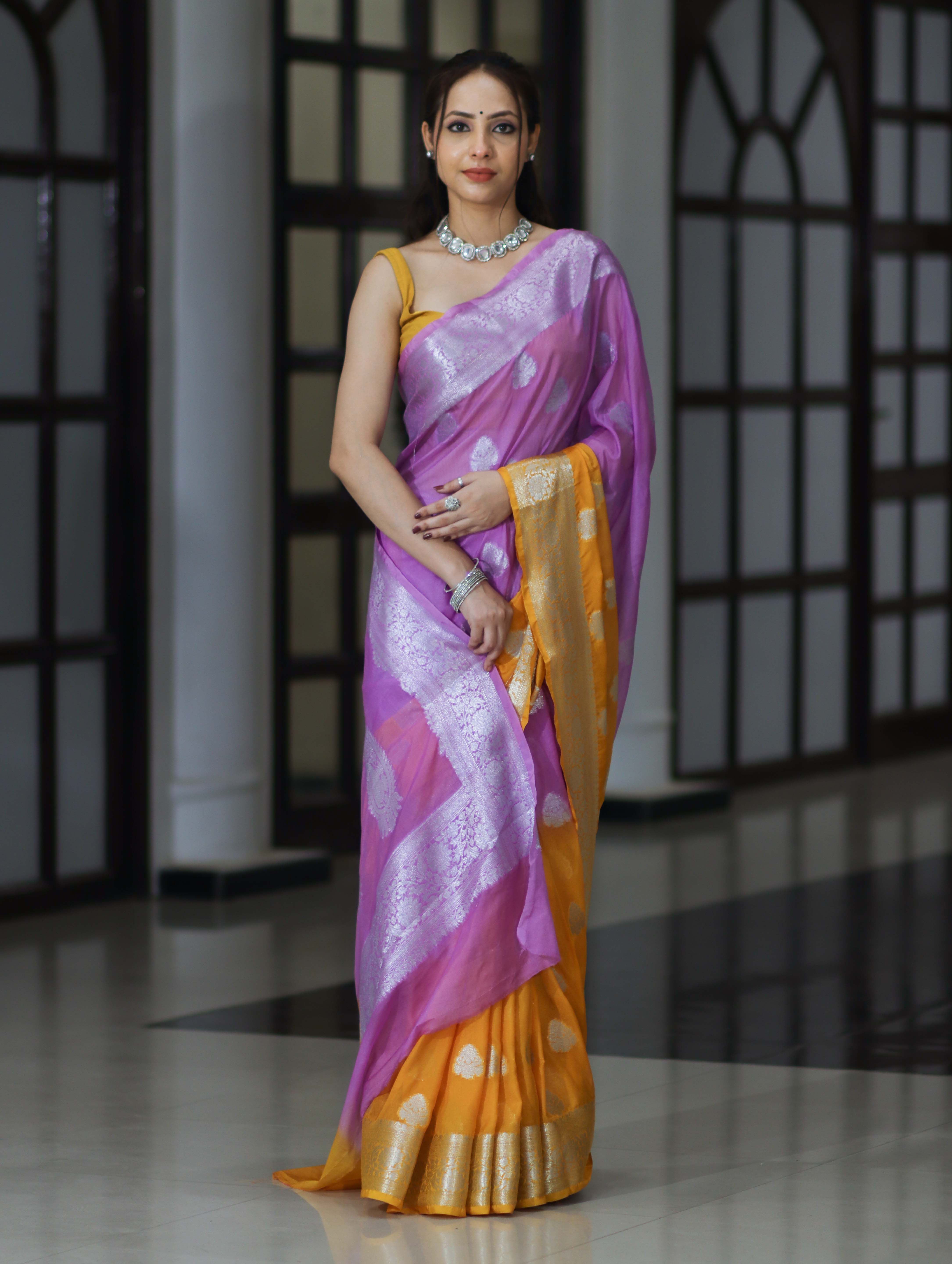 Banarasee Handwoven Dual Color Semi-Chiffon Saree With Zari Work-Lavender & Yellow