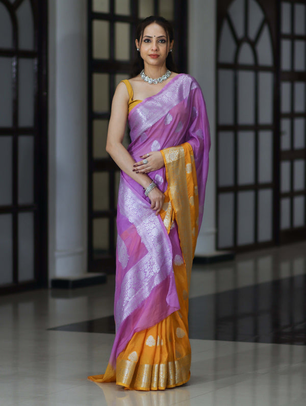 Banarasee Handwoven Dual Color Semi-Chiffon Saree With Zari Work-Lavender & Yellow