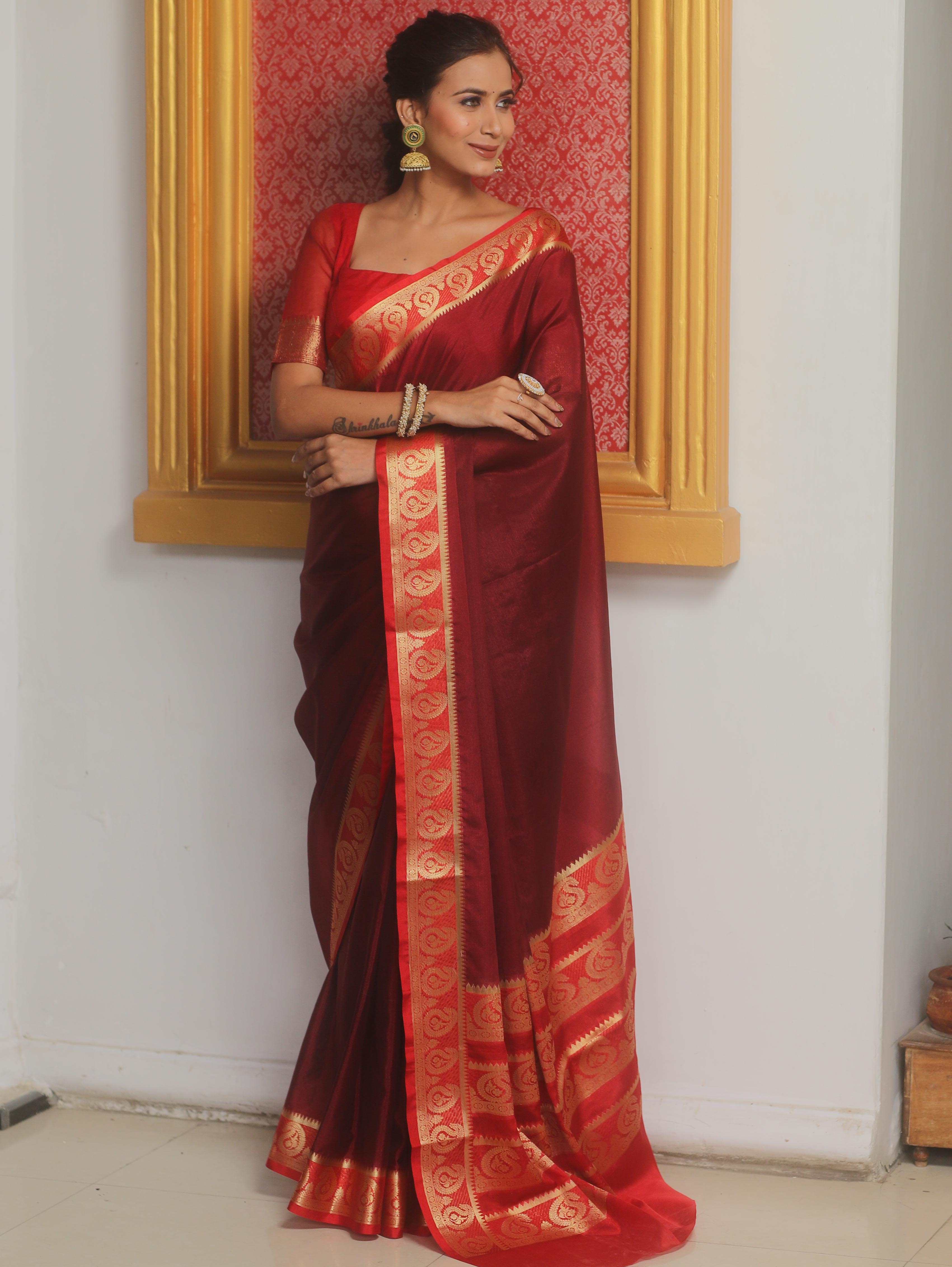Banarasee Handwoven Semi Silk Plain Saree With Zari Border-Maroon & Red