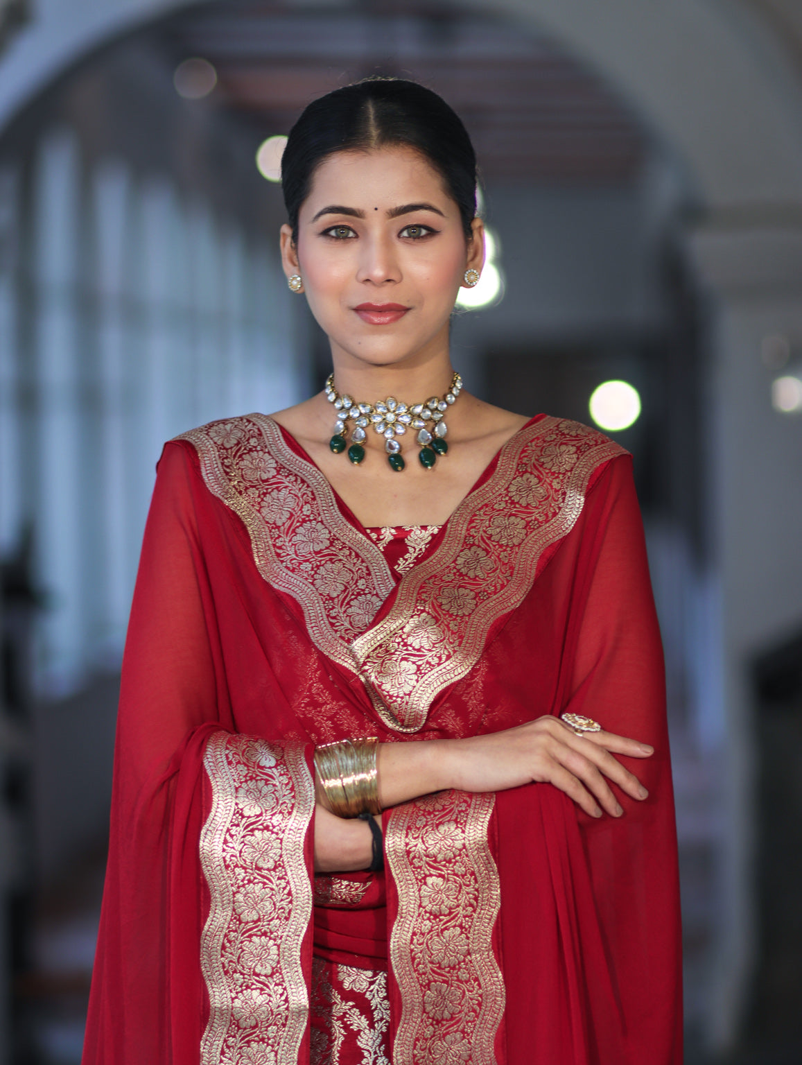 Banarasee Satin Silk Zari Work Salwar Kameez Fabric With Chiffon Dupatta Set-Maroon