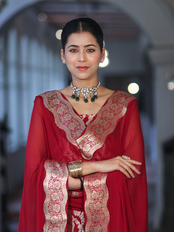 Banarasee Satin Silk Zari Work Salwar Kameez Fabric With Chiffon Dupatta Set-Maroon