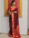 Banarasee Handwoven Semi Silk Plain Saree With Zari Border-Maroon & Red
