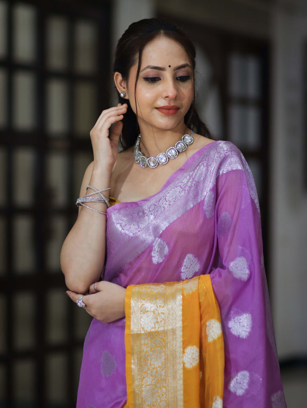 Banarasee Handwoven Dual Color Semi-Chiffon Saree With Zari Work-Lavender & Yellow