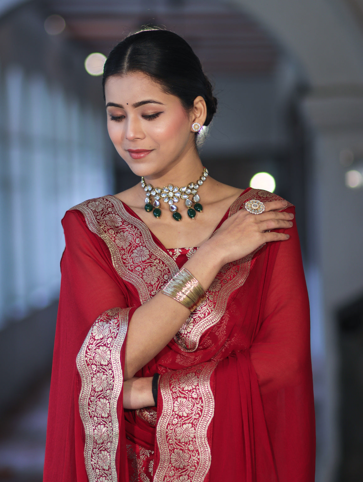 Banarasee Satin Silk Zari Work Salwar Kameez Fabric With Chiffon Dupatta Set-Maroon