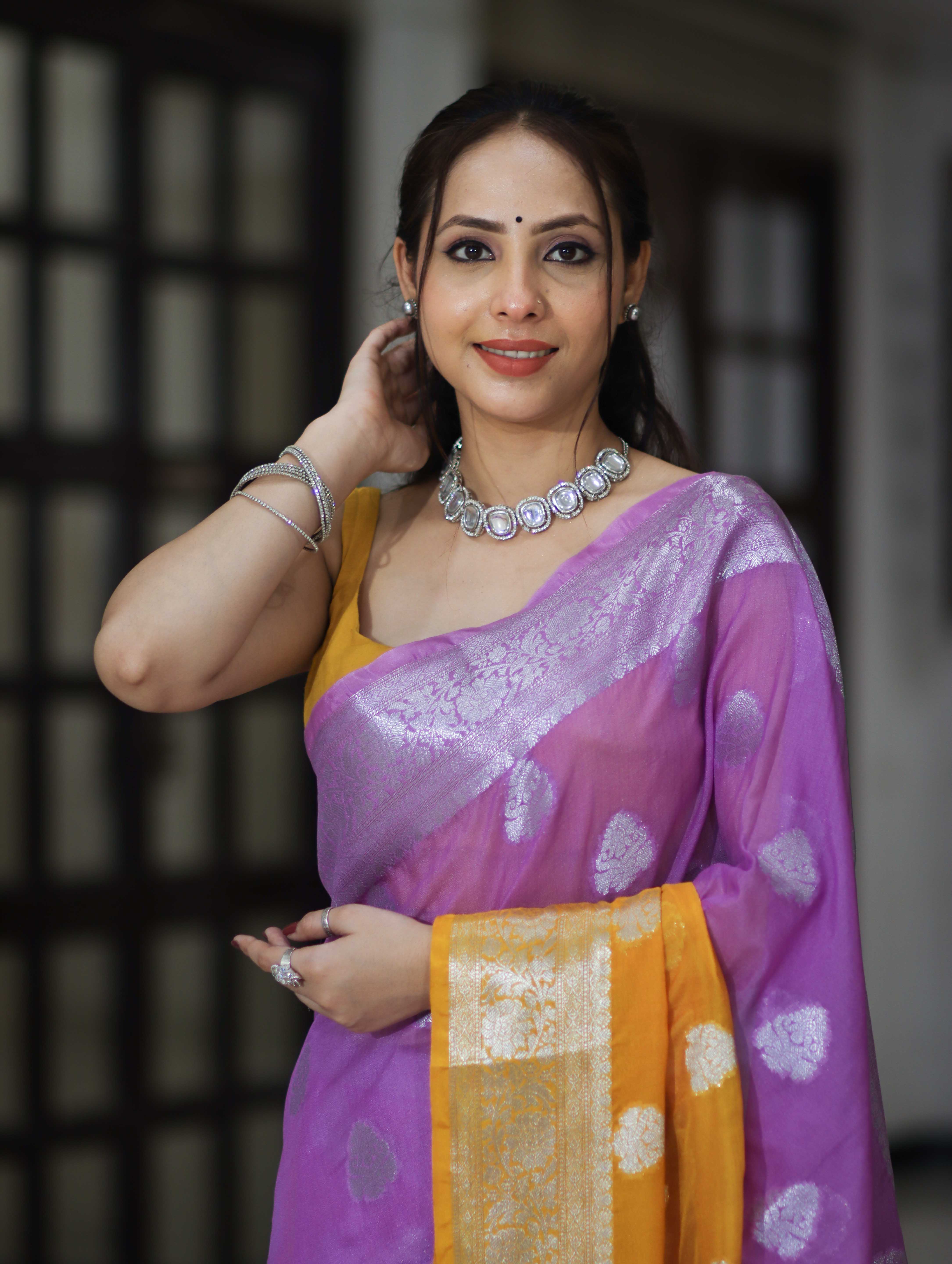 Banarasee Handwoven Dual Color Semi-Chiffon Saree With Zari Work-Lavender & Yellow