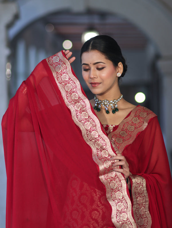 Banarasee Satin Silk Zari Work Salwar Kameez Fabric With Chiffon Dupatta Set-Maroon