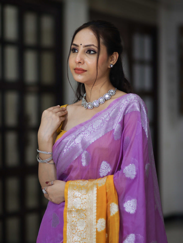 Banarasee Handwoven Dual Color Semi-Chiffon Saree With Zari Work-Lavender & Yellow
